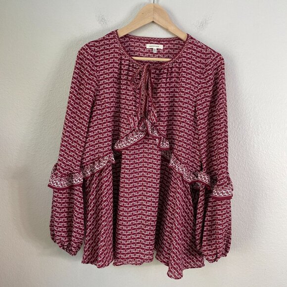 Max Studio Womens Large Burgundy White V Neck Ruffle Blouse Shirt Top - Picture 7 of 12